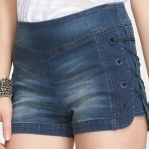Free People High Waisted Blue Denim Mini Shorts Size 26 Side Lace Up Detail NEW